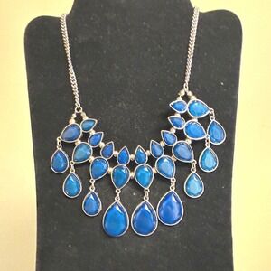 Blue Teardrop Bib Statement Necklace Silver Tone Tiered Chandelier Adjustable